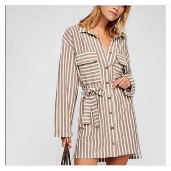 Free People Dresses & Skirts - Free People FP Beach Striped Crossroads Tunic Dress Size Medium Tan White Vacay